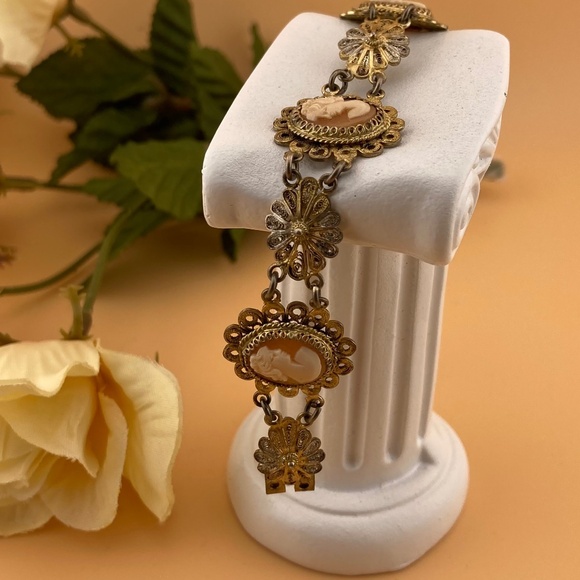 Antique Victorian CAMEO 800 Silver Filigree Shell Bracelet 4 Cameos - Picture 5 of 14